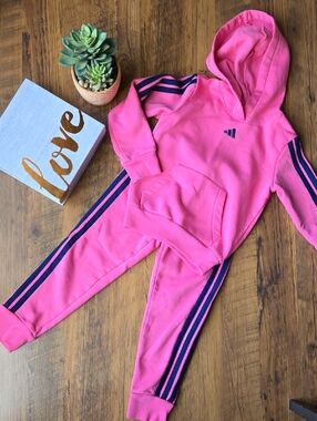 Girls Adidas Pink Hooded Tracksuit with Navy Stripe Size 6